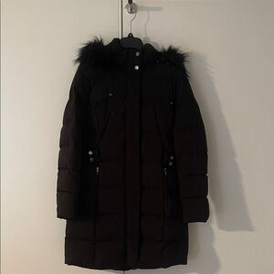 Women's Donna Karan Black Puffer Coat with Faux Fur Trim with Hood